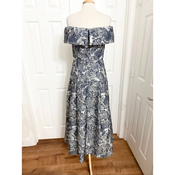 Alex Evenings Womens Blue Silver Floral Brocade Off the Shoulder Gown Size 8 - Picture 4 of 6